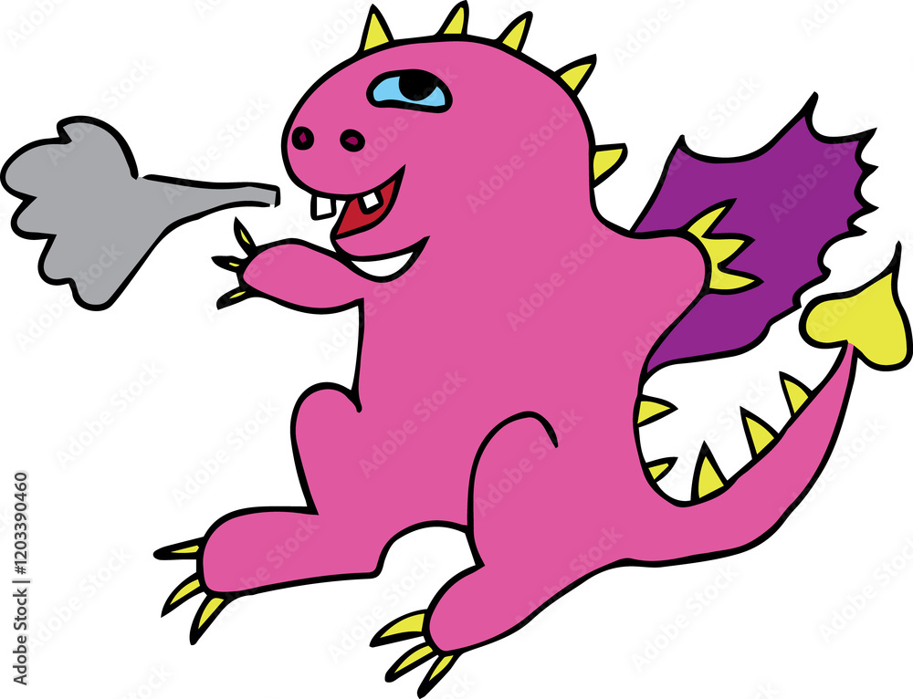 funny cute pink dragon with yellow claws and yellow sharp spikes on his back with purple wings and tail blows smoke out of his mouth funny cute pink dragon with yellow claws and yellow sharp spikes on his back with purple wings and tail blows smoke out of his mouth