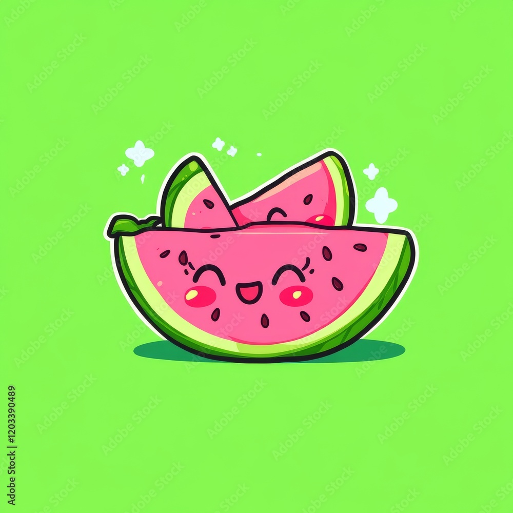 A cute, cartoonish watermelon character smiles, with vibrant pink flesh and green rind against a bright green background. A cute, cartoonish watermelon character smiles, with vibrant pink flesh and green rind against a bright green background.
