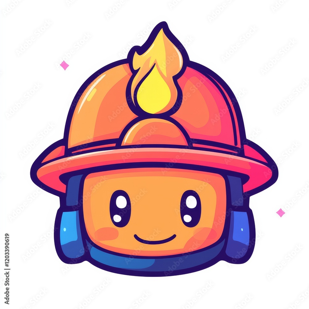 Naklejka premium A cute cartoon firefighter with a smiling face and a flame-shaped ornament on a bright helmet, surrounded by sparkles.