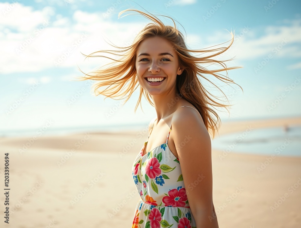 Naklejka premium Young woman enjoying a sunny day at the beach, wearing a colorful floral dress