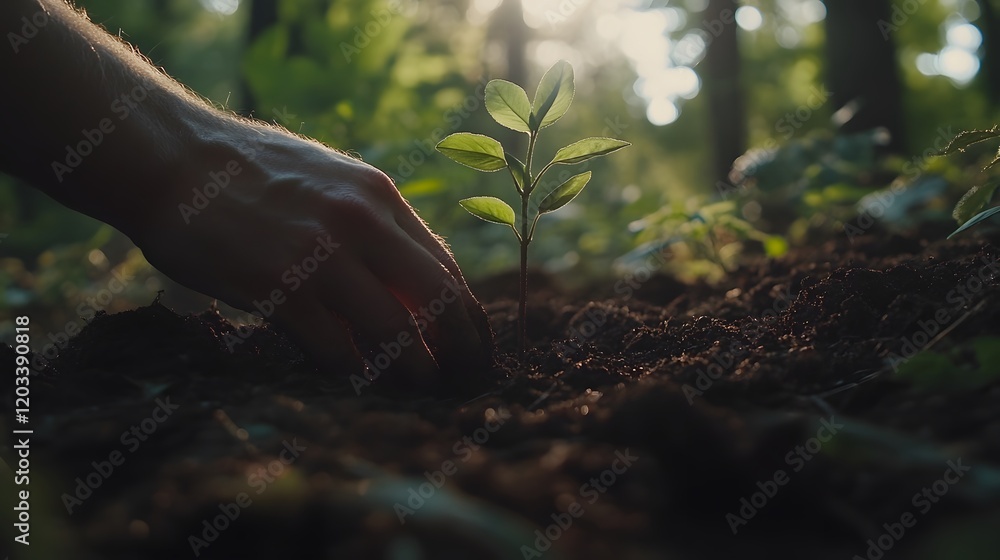 Fototapeta premium 13. A close-up of human hands gently planting a tree sapling in freshly dug earth, with soft light filtering through trees above