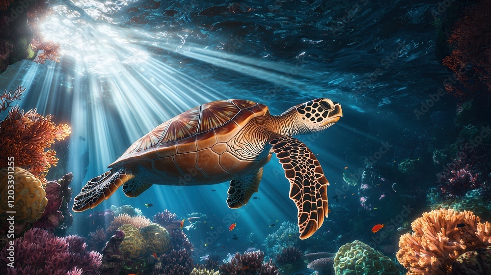 Obraz premium Graceful Sea Turtle Gliding Through Vibrant Coral Reef with Sunlight Colorful Fish and Intricate Shell Patterns
