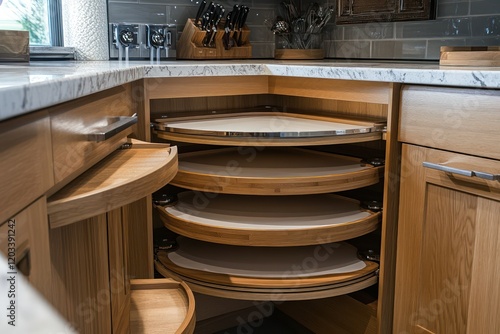 Innovative corner cabinets with rotating trays and soft-close mechanisms, maximizing storage space photo