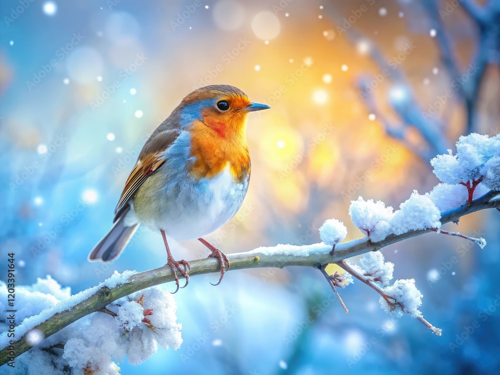 Frozen beauty: a robin's silhouette against a snowy branch, captured in a double exposure winter scene. Frozen beauty: a robin's silhouette against a snowy branch, captured in a double exposure winter scene.
