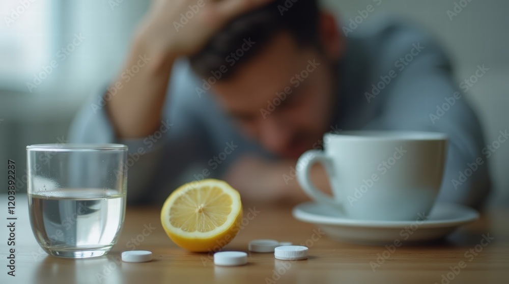 Fatigued Man Holding His Head, Blurry Figure in the Background, with Glass of Water, Lemon, and Pills on Wooden Surface, Depicting a Scene of Rest and Recovery in Soft Natural Lighting Fatigued Man Holding His Head, Blurry Figure in the Background, with Glass of Water, Lemon, and Pills on Wooden Surface, Depicting a Scene of Rest and Recovery in Soft Natural Lighting
