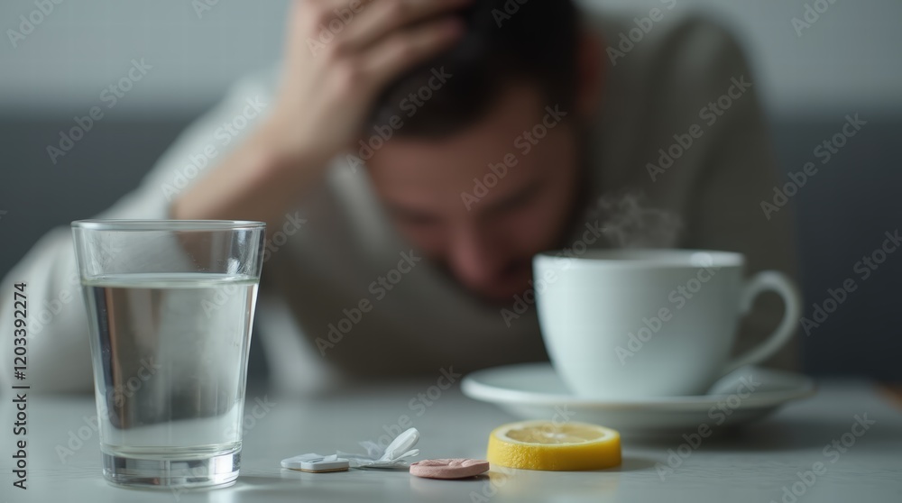 Exhausted Man in the Background with His Head in Hand, Glass of Water, Lemon Half, and Pills on Table in the Foreground, Soft Light Creating a Calm Yet Discomforting Scene Exhausted Man in the Background with His Head in Hand, Glass of Water, Lemon Half, and Pills on Table in the Foreground, Soft Light Creating a Calm Yet Discomforting Scene