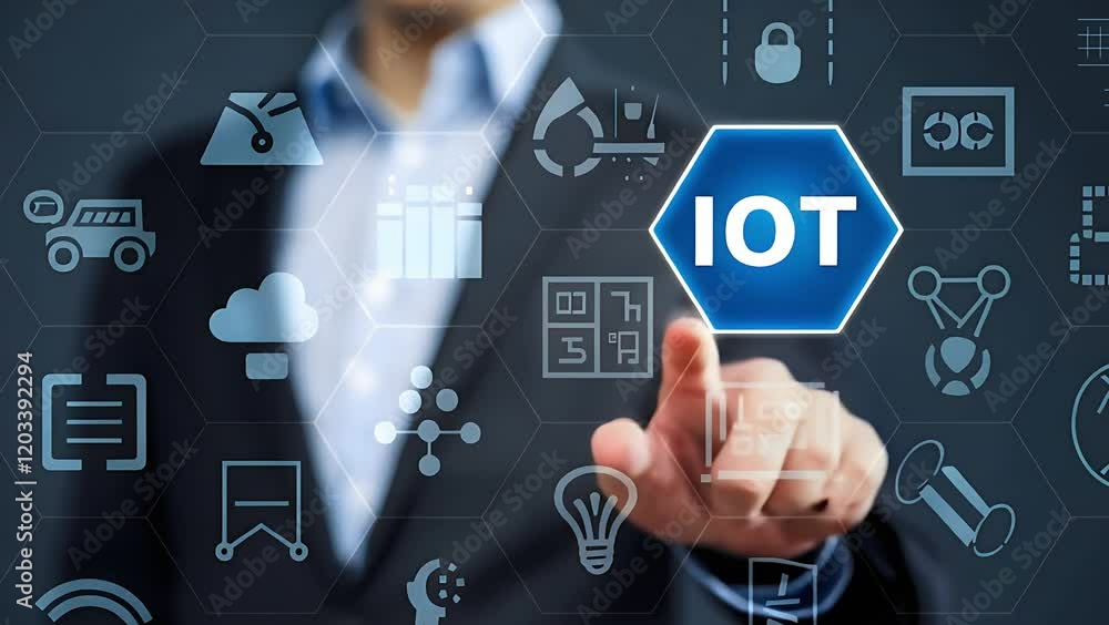 Businessman interacts with IoT interface showcasing AI, global networking, industrial automation, Businessman interacts with IoT interface showcasing AI, global networking, industrial automation,