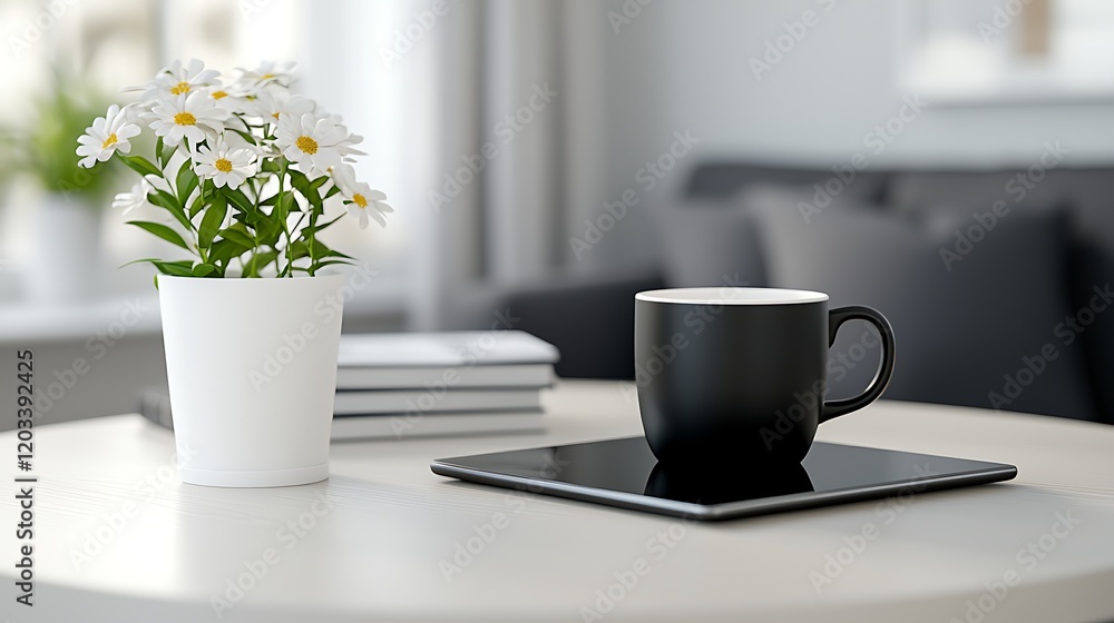 Peaceful Home Office Workspace with Coffee Mug and Daisies Peaceful Home Office Workspace with Coffee Mug and Daisies