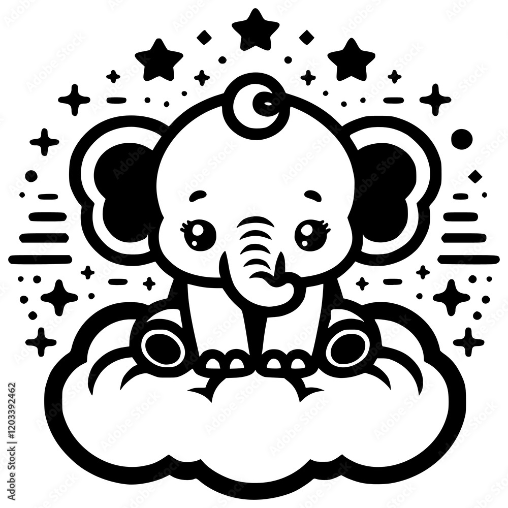 Obraz premium Cute baby elephant sitting on the cloud and catching stars