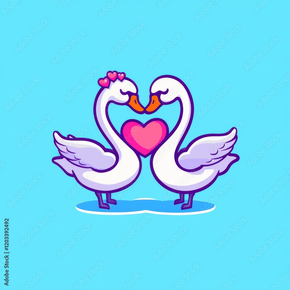 Two cartoon swans forming a heart with their necks against a bright blue background, symbolizing love and affection. Two cartoon swans forming a heart with their necks against a bright blue background, symbolizing love and affection.