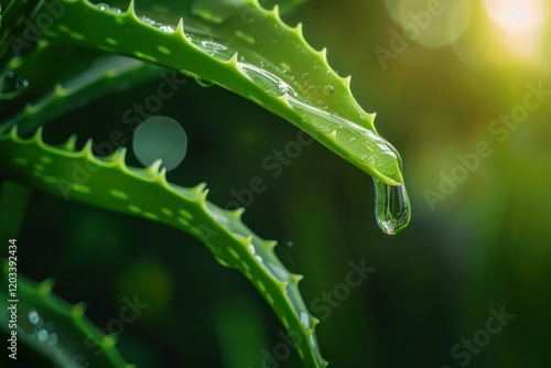 Macro shot of a drop of aloe vera juice dripping from a leaf with blurred background and backlight photo