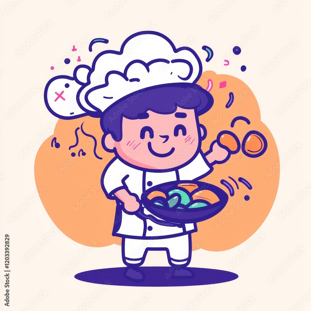 Obraz premium A cheerful cartoon chef holds a platter of food, wearing a traditional white outfit and a toque, surrounded by colorful, playful design elements.