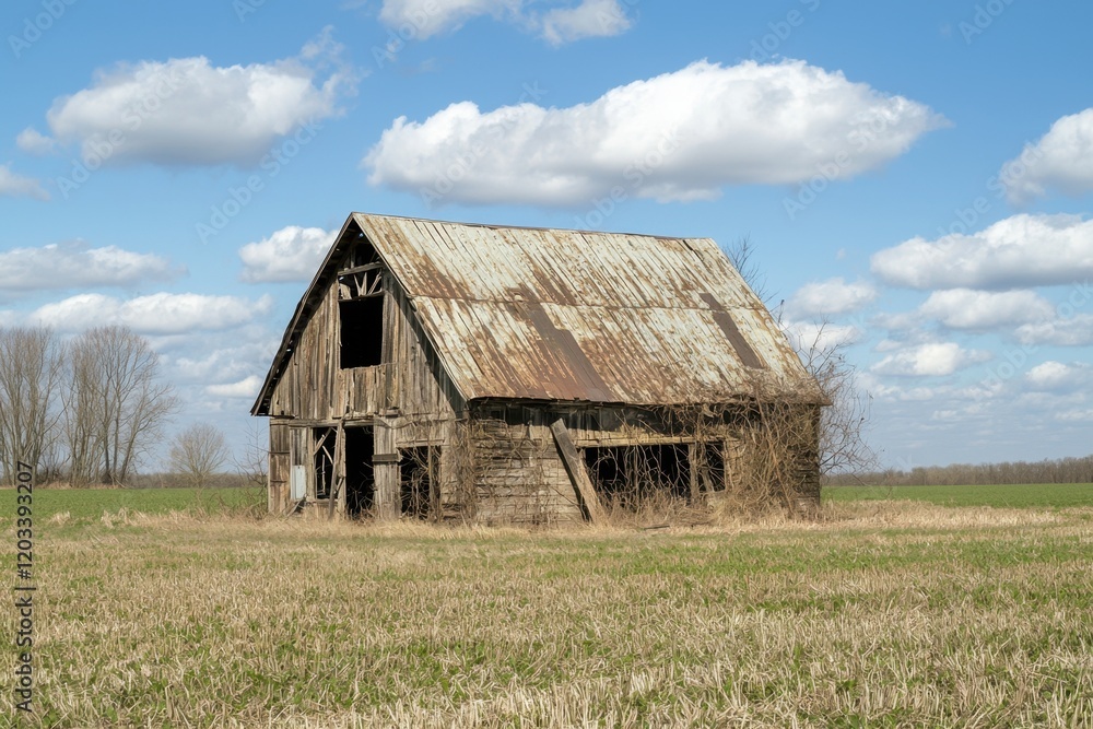Exploring an abandoned dilapidated barn in the heart of nature captured in a serene rural landscape under a cloudy sky Exploring an abandoned dilapidated barn in the heart of nature captured in a serene rural landscape under a cloudy sky