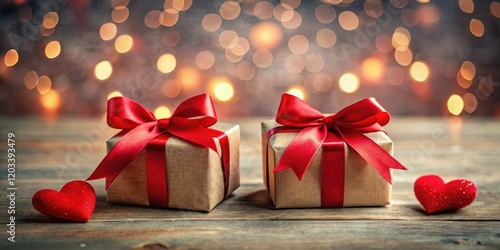 Heart-shaped gifts, red ribbons, and bokeh create a Valentine's Day dream.