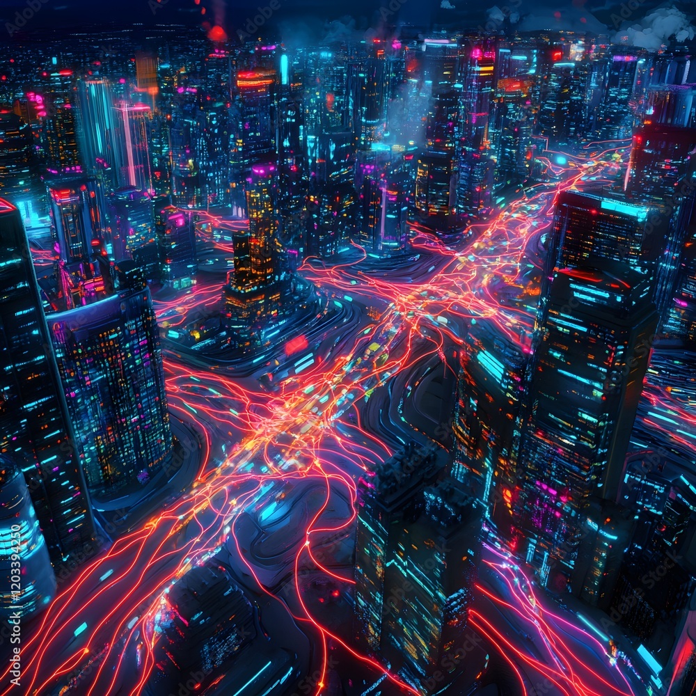 Fototapeta premium Glowing Neural Pathways Illuminate Dynamic City Nightscape
