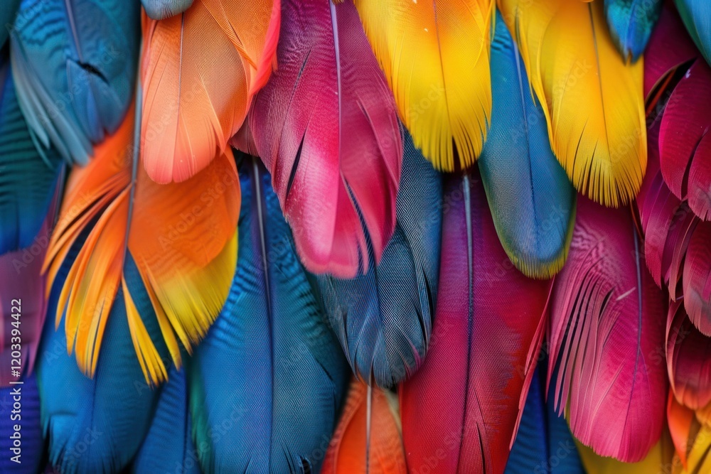 Fototapeta premium Colorful feathers overlapping, creating a vibrant and textured background, full of color and detail
