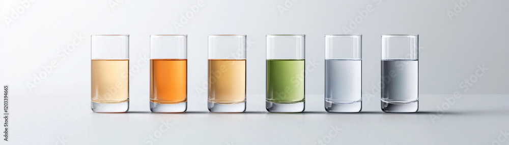 Glasses filled with colored liquids arranged in row on table Glasses filled with colored liquids arranged in row on table
