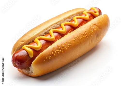 High-resolution image of a delicious grilled hot dog, isolated on a white background. Perfect for fast food menus or websites. photo