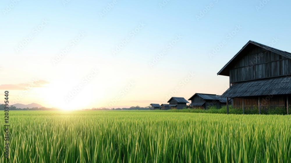 Sunrise over Green Fields and Farmhouses Sunrise over Green Fields and Farmhouses