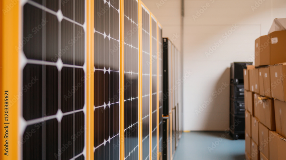Solar panels lined up in storage area, showcasing renewable energy solutions Solar panels lined up in storage area, showcasing renewable energy solutions