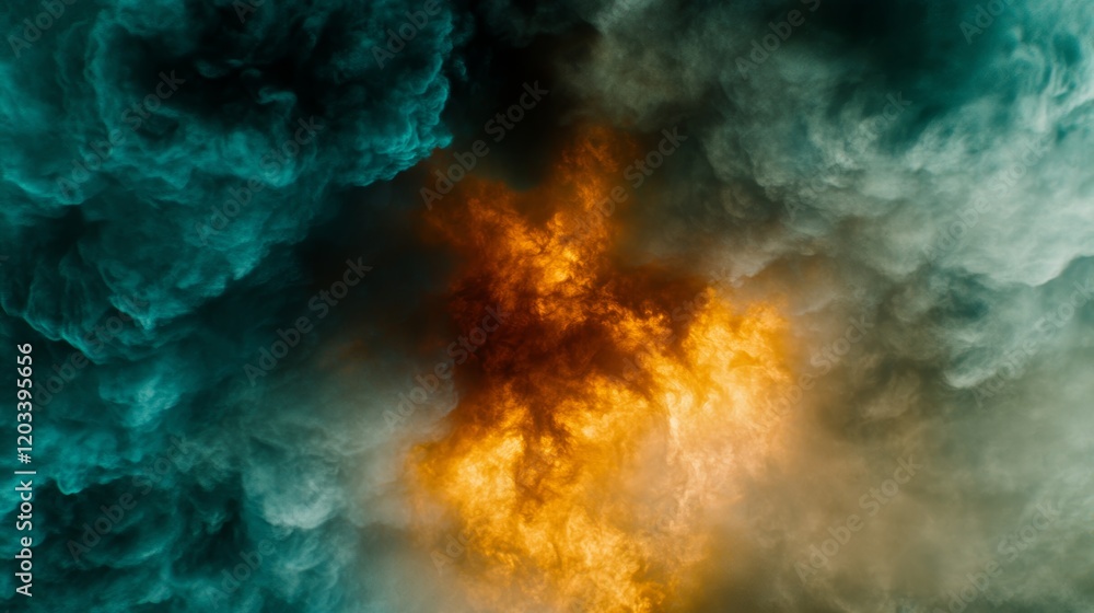 Fototapeta premium Fiery Inferno Surrounded by Teal and Grey Smoke Clouds