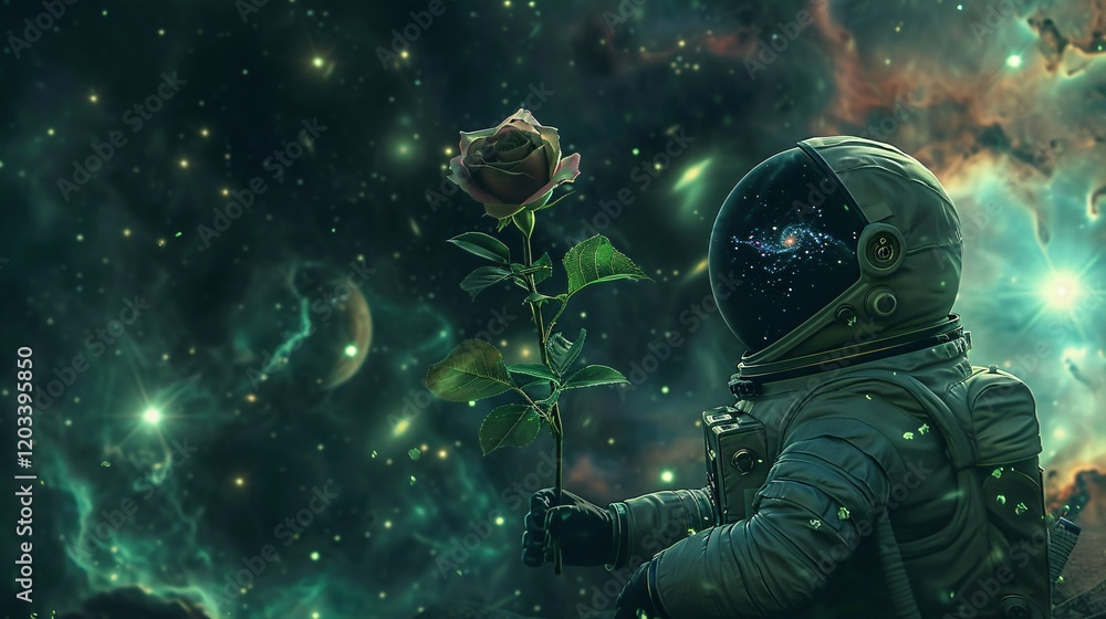 A single rose sprouting from an astronaut helmet in space, surrounded by swirling galaxies and luminous nebulae, rendered in hyper detail with volumetric lighting A single rose sprouting from an astronaut helmet in space, surrounded by swirling galaxies and luminous nebulae, rendered in hyper detail with volumetric lighting