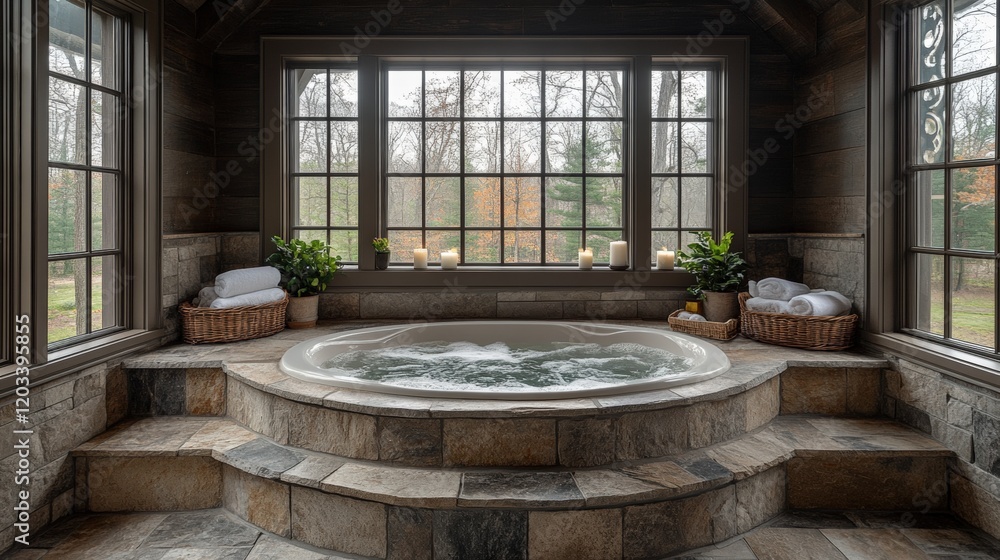 Relaxing luxury bathroom with built-in stone tub cozy retreat spa-like ambiance natural light tranquil setting for ultimate relaxation Relaxing luxury bathroom with built-in stone tub cozy retreat spa-like ambiance natural light tranquil setting for ultimate relaxation