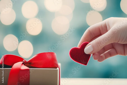 Hand Holding Red Heart Next to Gift Box with Ribbon. Al Generated