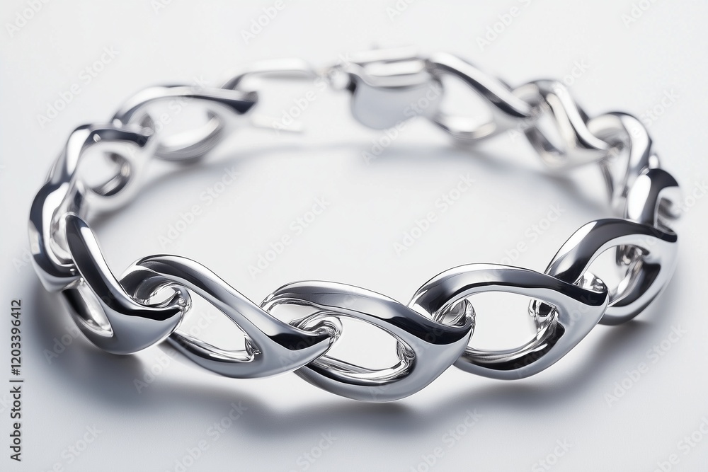 Obraz premium A sleek platinum bracelet with a unique interlocking design, displayed on a bright white backdrop.