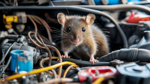Rat gnawing on car wiring inside an engine bay.