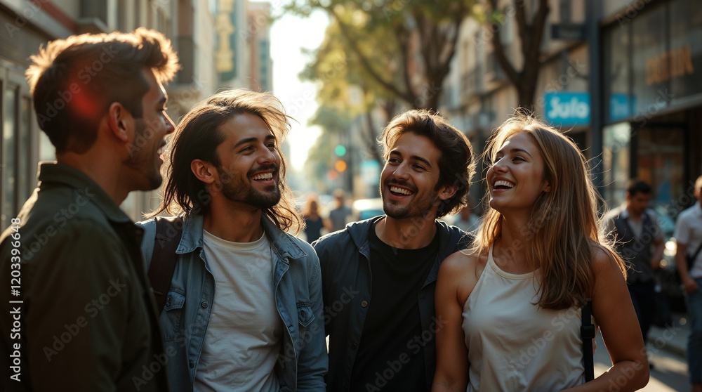 Group of friends laughing and chatting on a city street, soft dreamy atmosphere, hazy soft light Group of friends laughing and chatting on a city street, soft dreamy atmosphere, hazy soft light