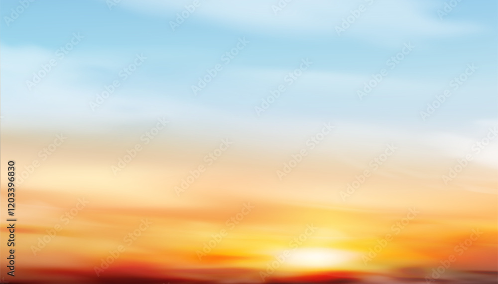 Obraz premium Sky Sunset,Cloud Background.Summer Sunrise sky in blue,yellow,orange over sea in morning,Vector cartoon sundown on beach in evening,Horizon beautiful Spring nature of dramatic sunny.Winter climate sky
