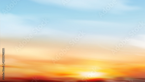 Sky Sunset,Cloud Background.Summer Sunrise sky in blue,yellow,orange over sea in morning,Vector cartoon sundown on beach in evening,Horizon beautiful Spring nature of dramatic sunny.Winter climate sky