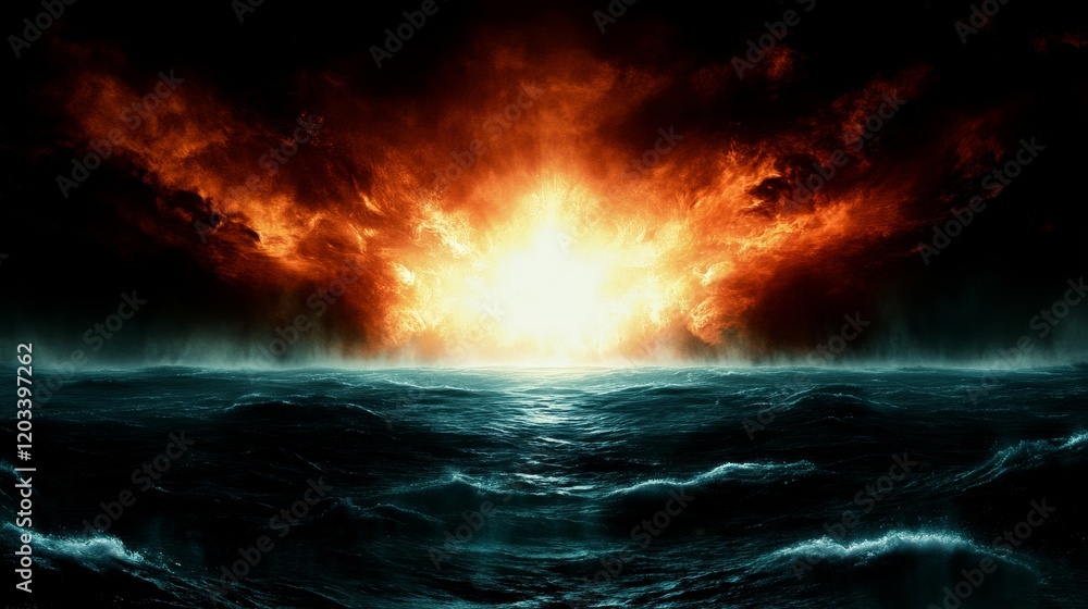 Fototapeta premium Fiery Sunset over a Turbulent Ocean Scene