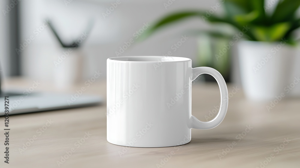 White Coffee Mug on Wooden Desk in Modern Office Setting White Coffee Mug on Wooden Desk in Modern Office Setting