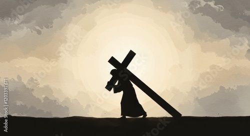 A minimalist watercolor image of Jesus carrying the cross silhouetted against a large glowing circular backdrop