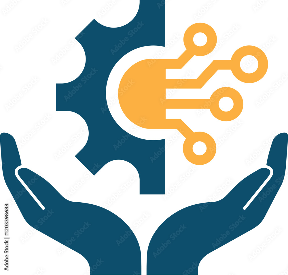 Two hands hold up technology gear icon, vector. Tech care icon design. Two hands hold up technology gear icon, vector. Tech care icon design.