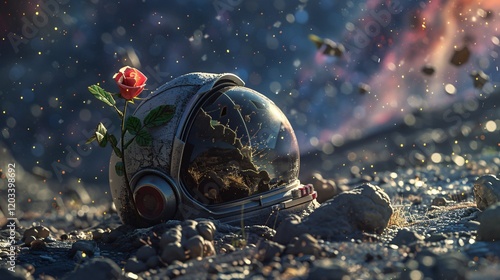 An astronaut helmet, broken and abandoned, with a rose sprouting from it, set against a detailed galaxy and nebula background, 8k octane render with volumetric lighting photo