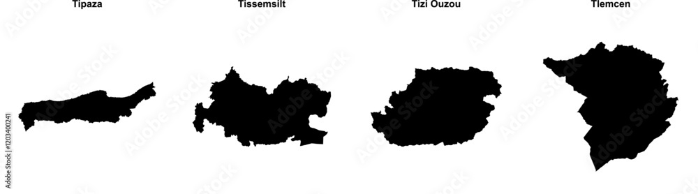 Tipaza, Tissemsilt, Tizi Ouzou, Tlemcen outline maps Tipaza, Tissemsilt, Tizi Ouzou, Tlemcen outline maps
