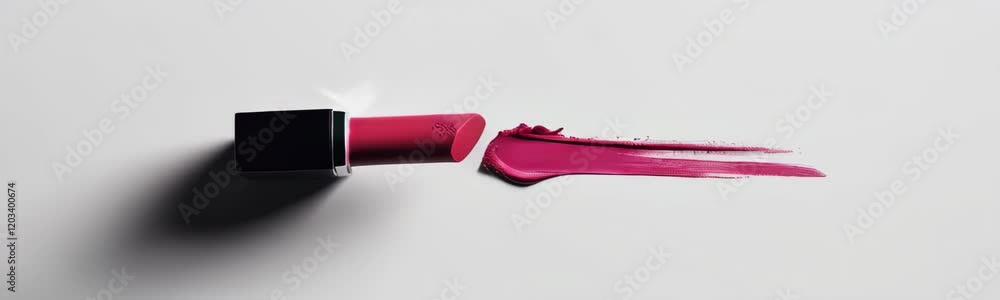 A luxurious red lipstick in a sleek black case, standing on a reflective surface. Various lipstick swatches in red and pink tones are smeared on the white background A luxurious red lipstick in a sleek black case, standing on a reflective surface. Various lipstick swatches in red and pink tones are smeared on the white background