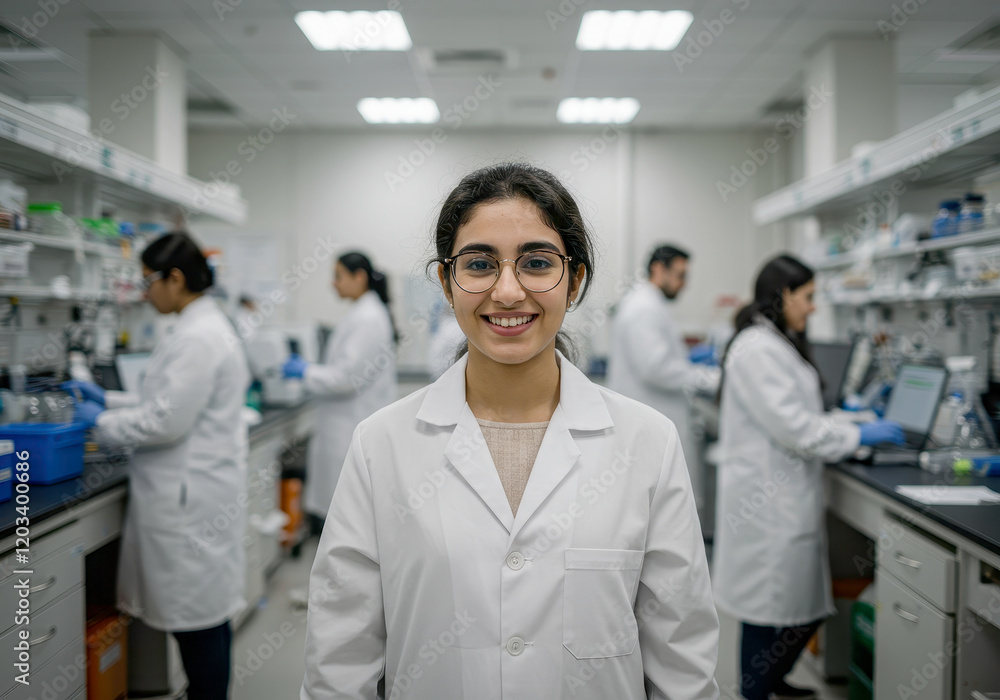 A cheerful female scientist wearing a lab coat and glasses, standing confidently in a bright, modern laboratory A cheerful female scientist wearing a lab coat and glasses, standing confidently in a bright, modern laboratory