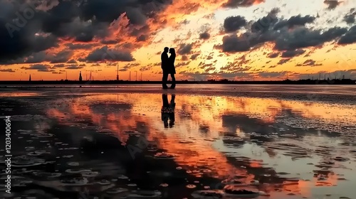 Silhouetted Couple Standing in Shallow Water at Romantic Sunset Dusk with Serene Reflection