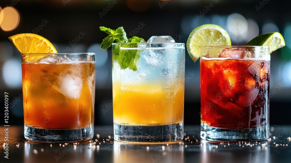 A vibrant display of three colorful cocktails sits on a bar, enticing viewers with their refreshing looks and inviting a sense of celebration and indulgence. A vibrant display of three colorful cocktails sits on a bar, enticing viewers with their refreshing looks and inviting a sense of celebration and indulgence.