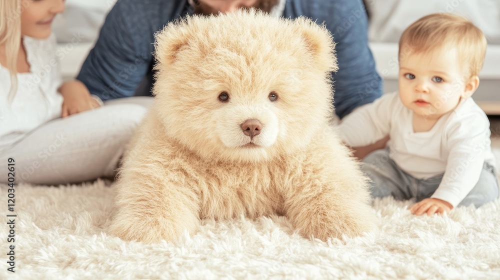 Fototapeta premium Fluffy Puppy with Happy Family on Soft Rug