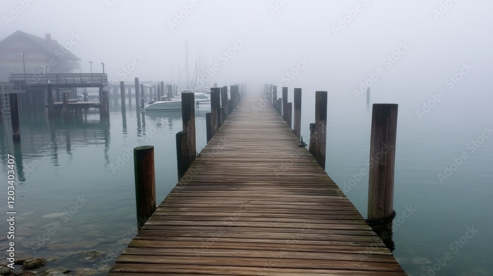 Fototapeta premium Foggy Morning Pier Extending to the Horizon