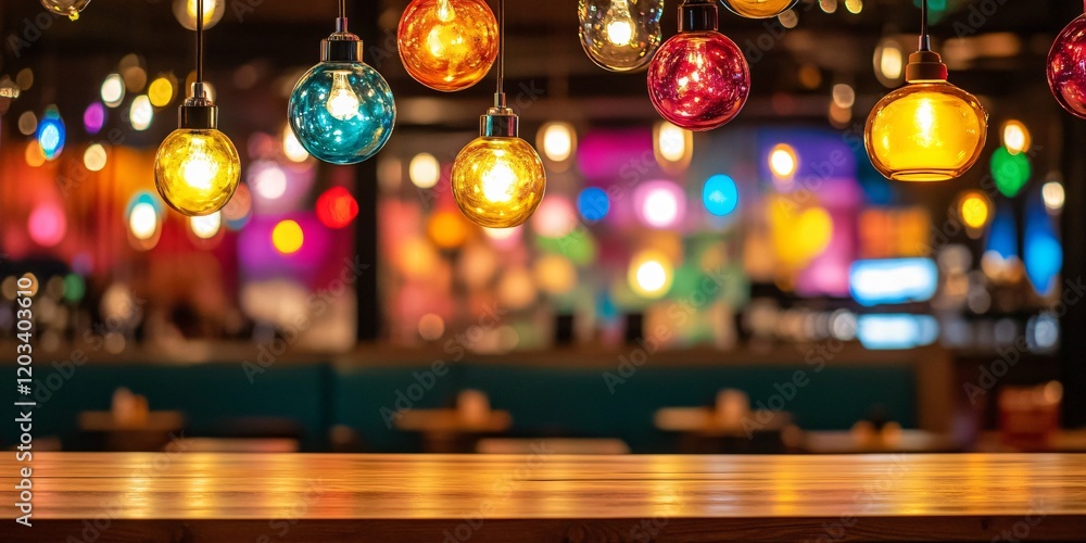 Colorful Hanging Lights over Wooden Table in Bar Colorful Hanging Lights over Wooden Table in Bar
