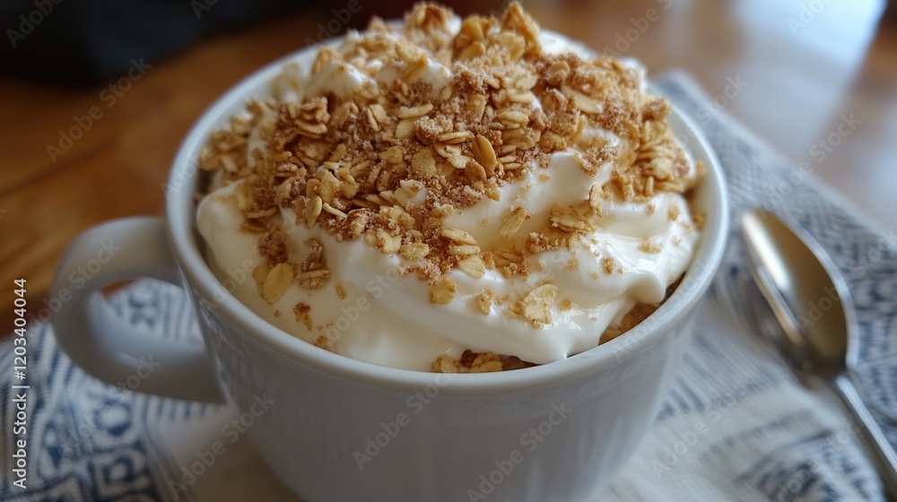 Creamy oat dessert in a mug, topped with granola. Creamy oat dessert in a mug, topped with granola.