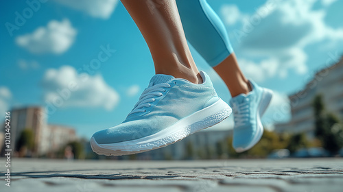 Athlete's legs close up in nature. A female runner prepares to run. Jogger training. Women's track and field athletics arena. A girl is training on an open track. Sneakers close up. An active lifestyl photo