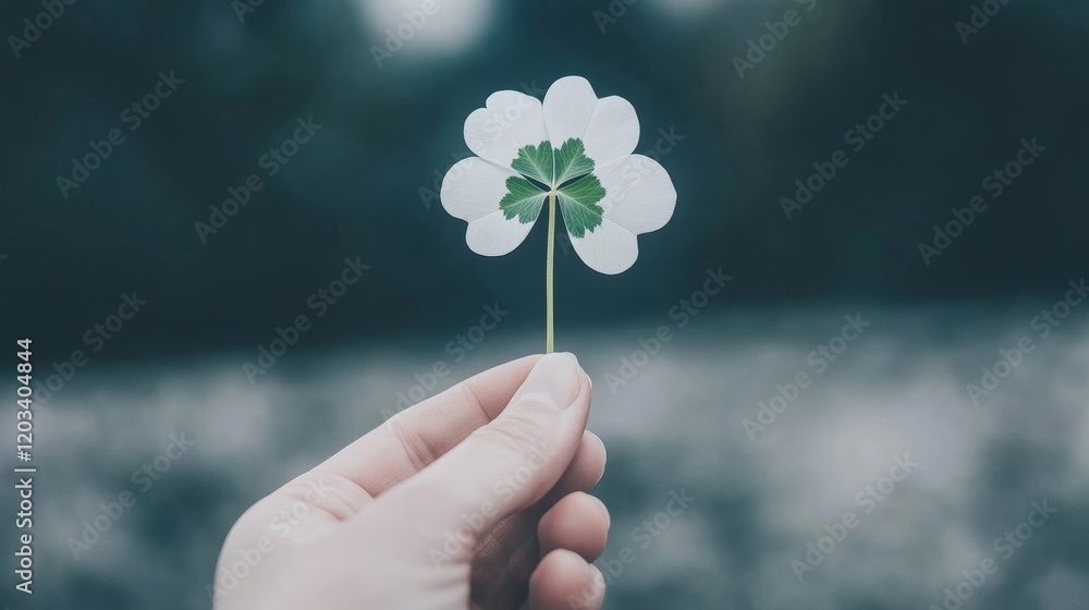 Four Leaf Clover Held in Hand, Nature Background Four Leaf Clover Held in Hand, Nature Background