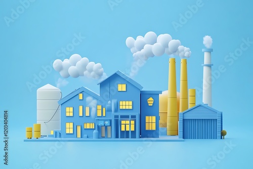 Cute Cartoon Industrial Scene with Blue Buildings and Yellow Chimneys